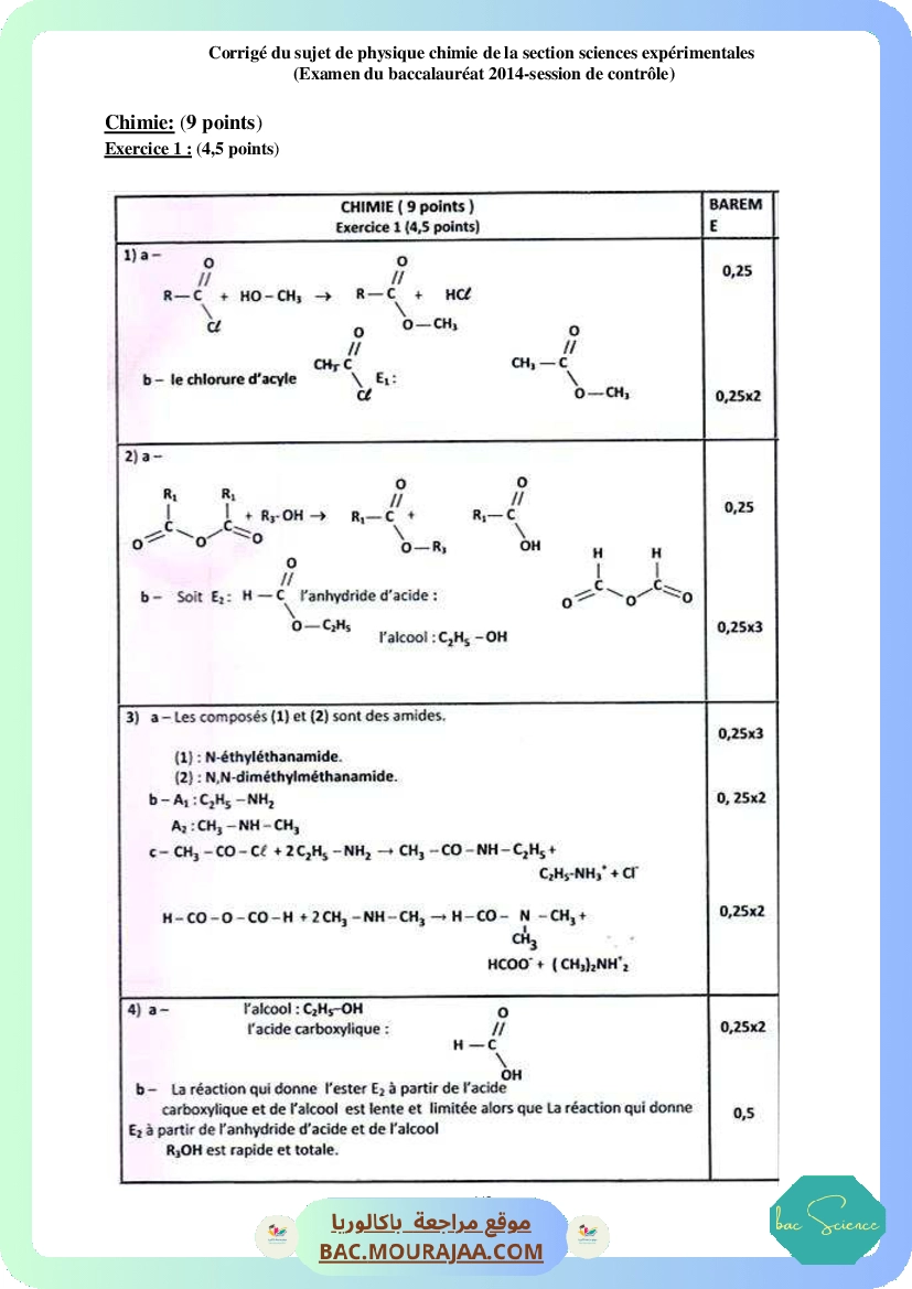 Corrigé controle physique Bac 2014 – Section science